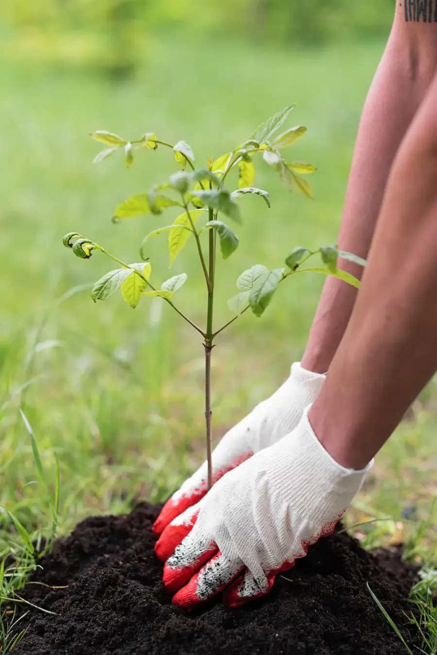 Hands planting a young tree in soil
